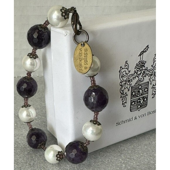 Schmid & Von Bosio Italy Purple Amethyst and Pearl Round Bead Bracelet 7.5" - Picture 9 of 10